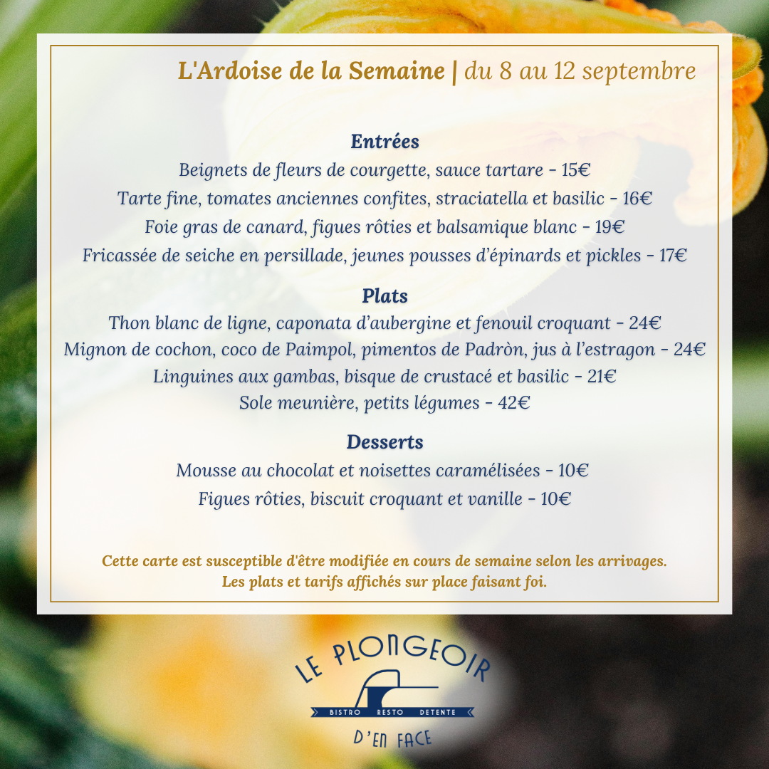 Ardoise de la semaine du Plongeoir d'en Face